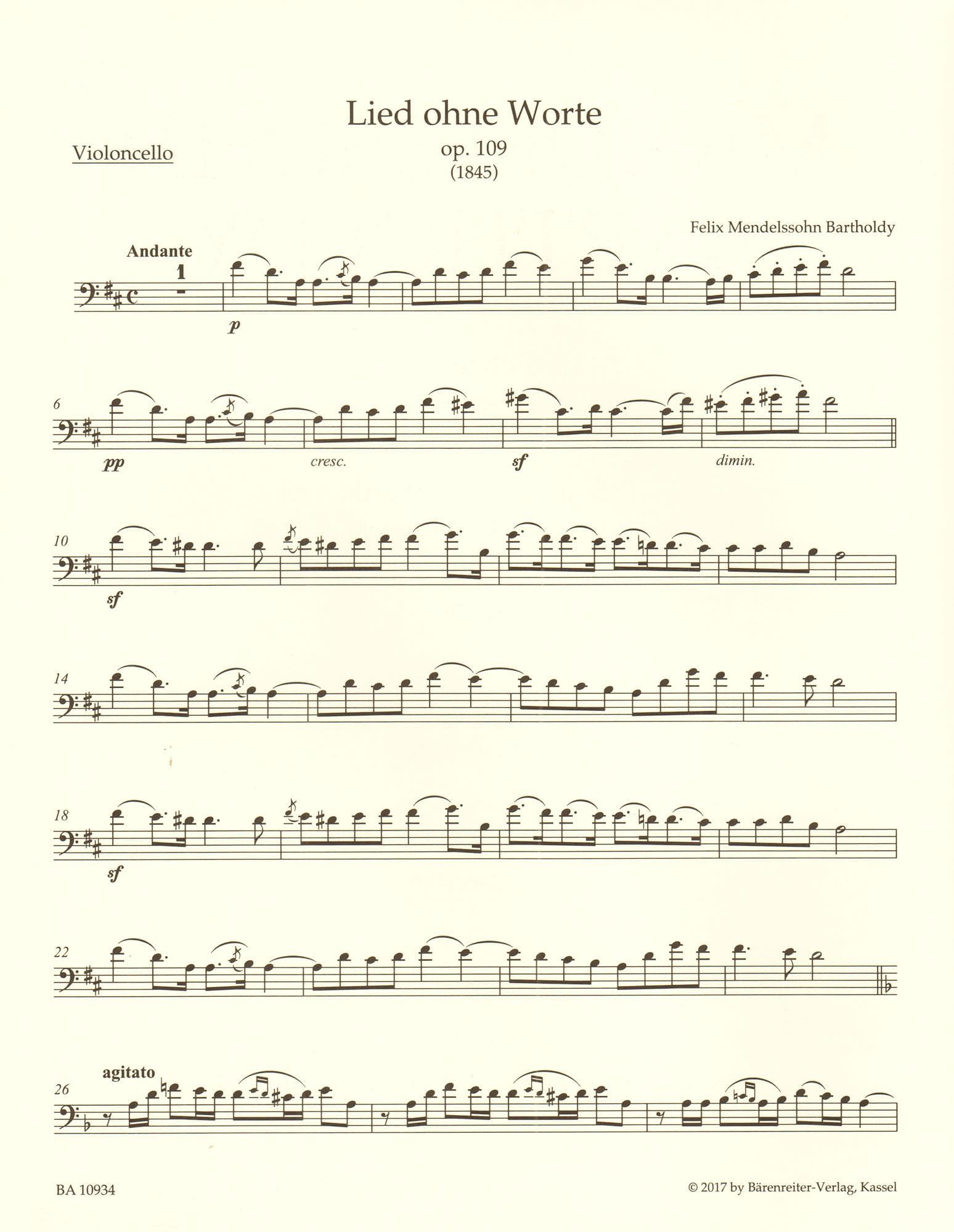 Mendelssohn, Felix - Song without Words - for Cello and Piano - Barenreiter URTEXT Edition