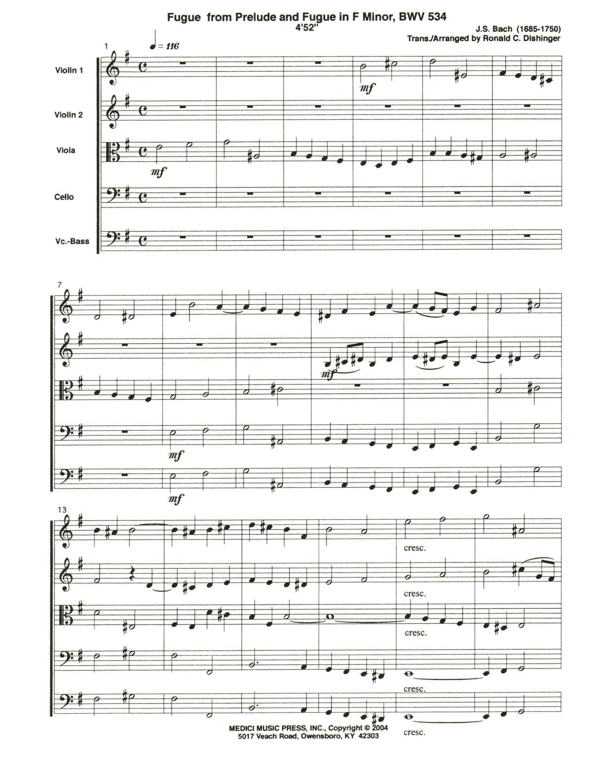 Bach, J.S. - Fugue from Prelude and Fugue (BWV 534) - for String Orchestra - arranged by Dishinger - Medici Music Press