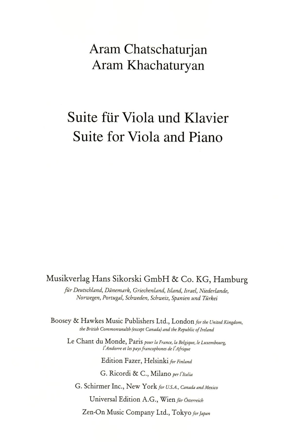 Aram Khachaturyan - Suite for Viola and Piano (1929) - Edition Sikorski