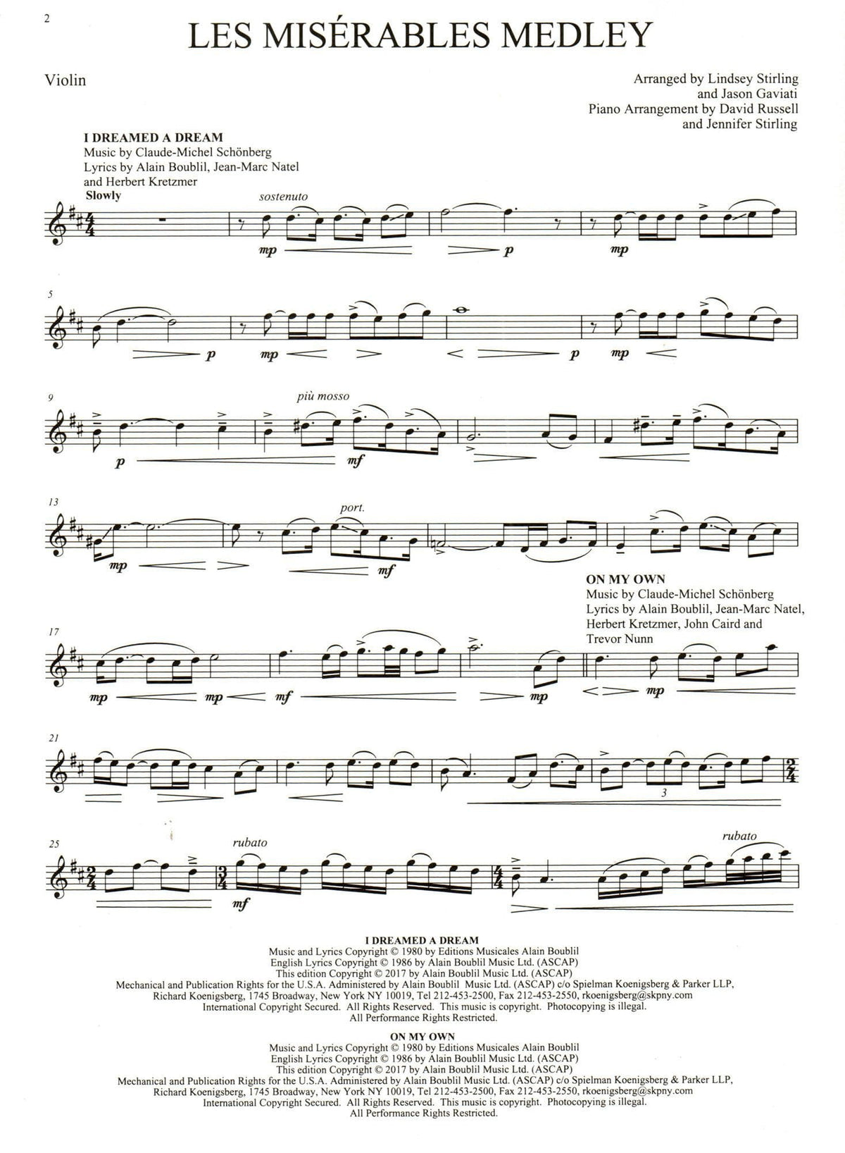 Les Misérables - Medley for Violin and Piano - as Performed by Lindsey Stirling - Hal Leonard