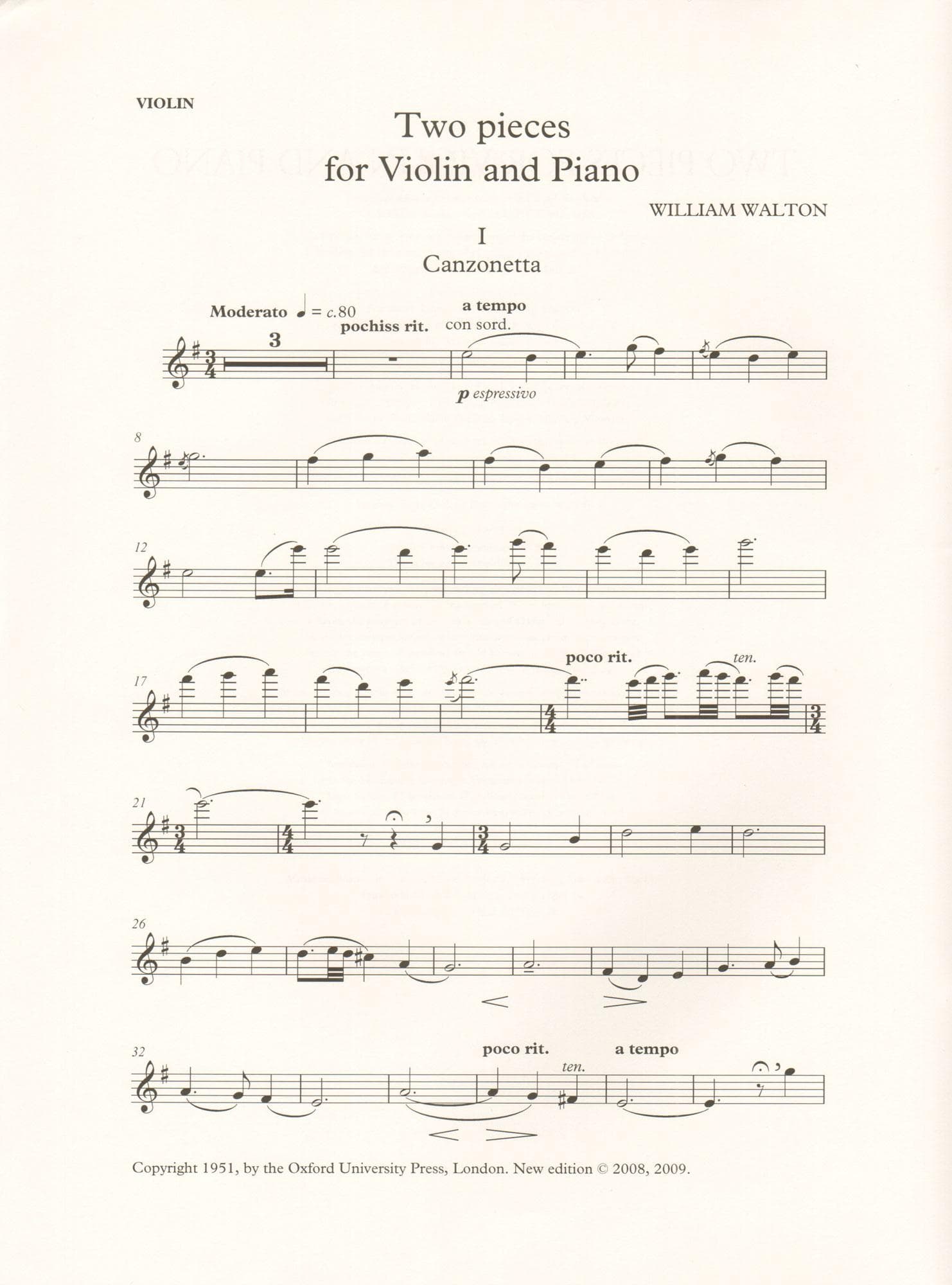 Walton, William - Two Pieces for Violin and Piano (Canzonetta & Scherzetto) - edited by Hugh MacDonald - Oxford University Press