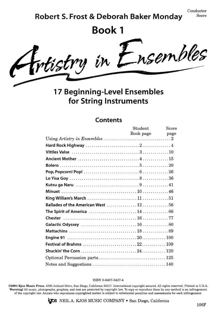 Frost/Monday - Artistry in Ensembles, Book 1 - Score - Neil A Kjos Music Co