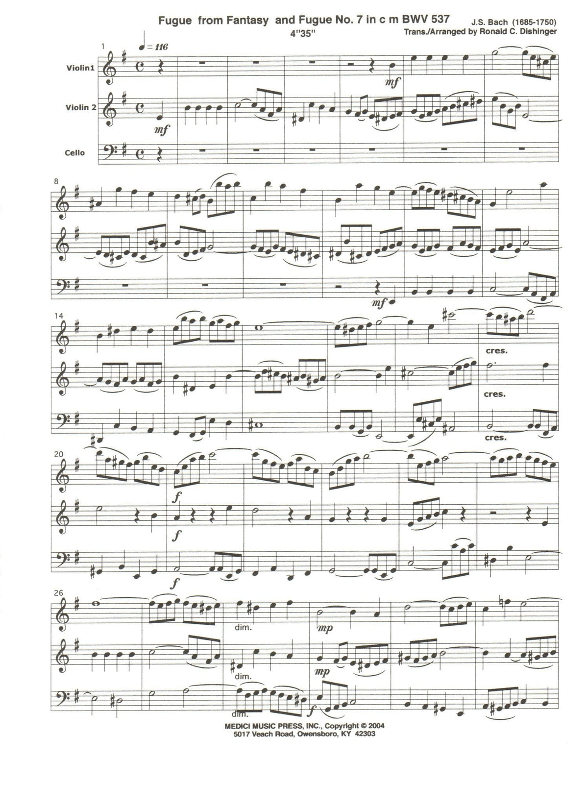 Bach, J.S. - Fugue from Prelude and Fugue (BWV 537) - for Two Violins and Cello - arranged by Dishinger - Medici Music Press