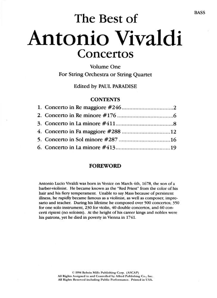 Vivaldi, Antonio - The Best of Antonio Vivaldi, Volume 1 - for String Quartet or String Orchestra - Bass part - edited by Paul Paradise - Belwin-Mills Publishing