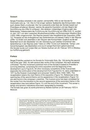 Prokofiev, Sergei - Sonata for Solo Cello, Op. 134 - arranged by Vladimir Blok - Edition Sikorski