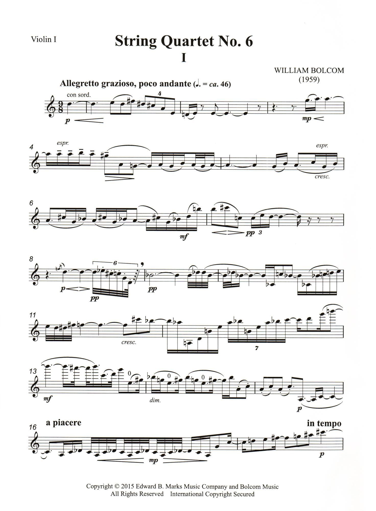 Bolcom, William - String Quartet No. 6 - Score and Parts - Edward B. Marks Music Company