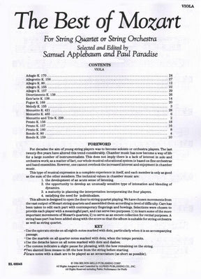 Mozart, WA - The Best of Mozart - for String Quartet or String Orchestra - Viola part - edited by Samuel Applebaum and Paul Paradise - Belwin-Mills Publishing