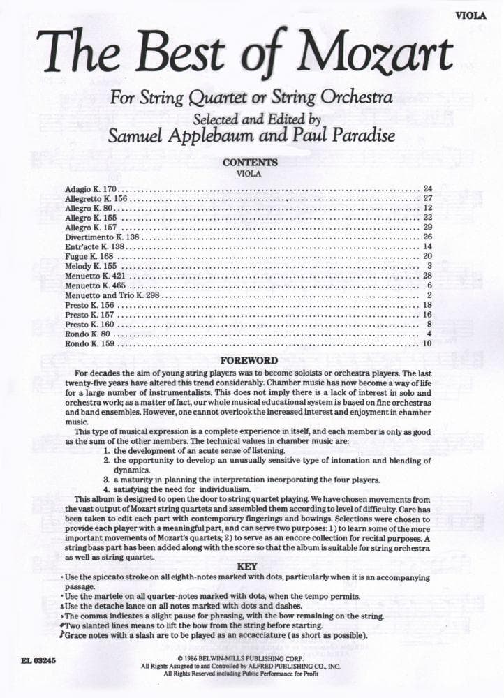Mozart, WA - The Best of Mozart - for String Quartet or String Orchestra - Viola part - edited by Samuel Applebaum and Paul Paradise - Belwin-Mills Publishing