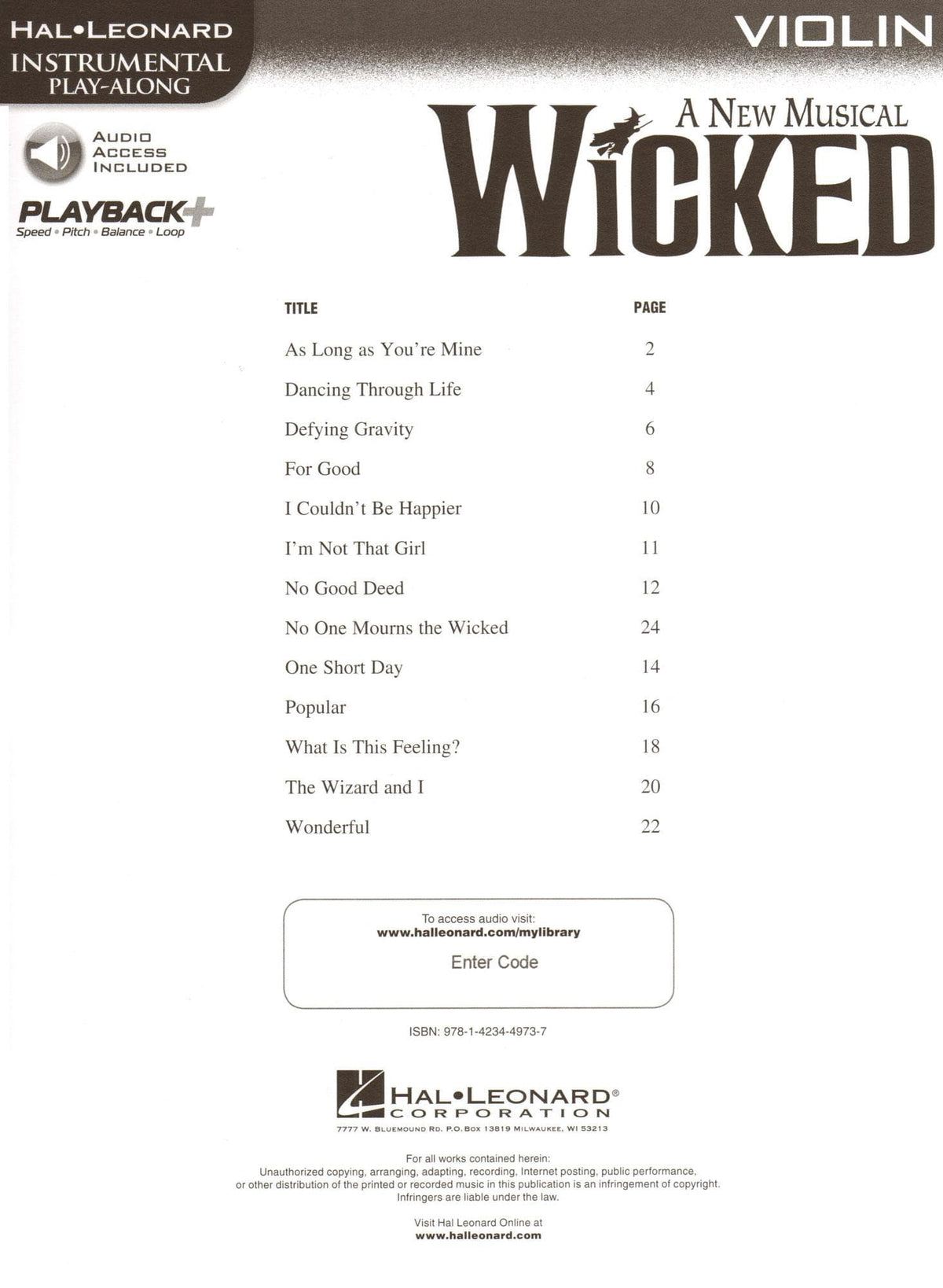 Wicked - 13 Songs from the Musical - for Violin with Audio Accompaniment - Hal Leonard Instrumental Play-Along