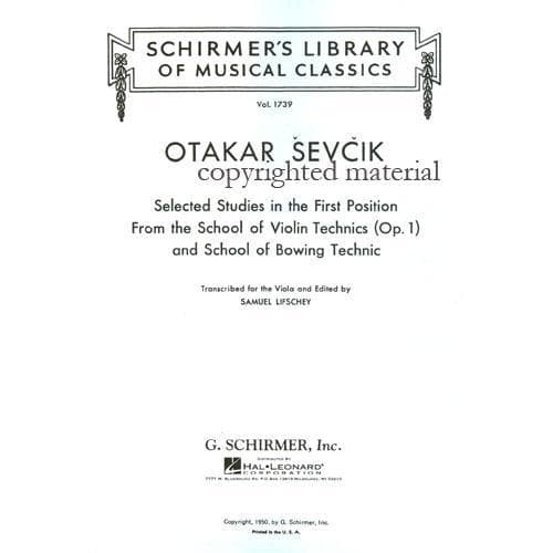 Sevcik, Otakar - Selected Studies In The First Position For Viola Published by G Schirmer