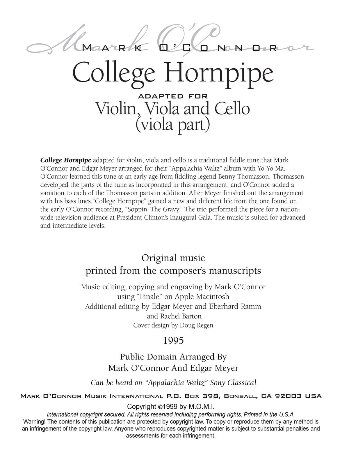 O'Connor, Mark - College Hornpipe for Violin, Viola, and Cello - Viola - Digital Download