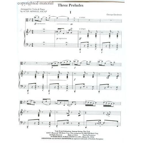 Gershwin, George - Three Preludes - Viola and Piano - arranged by Alan Arnold - Viola World Publications