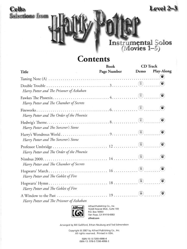 Selections from Harry Potter: Instrumental Solos (Movies 1-5) - Cello and Piano - Alfred Music Publishing