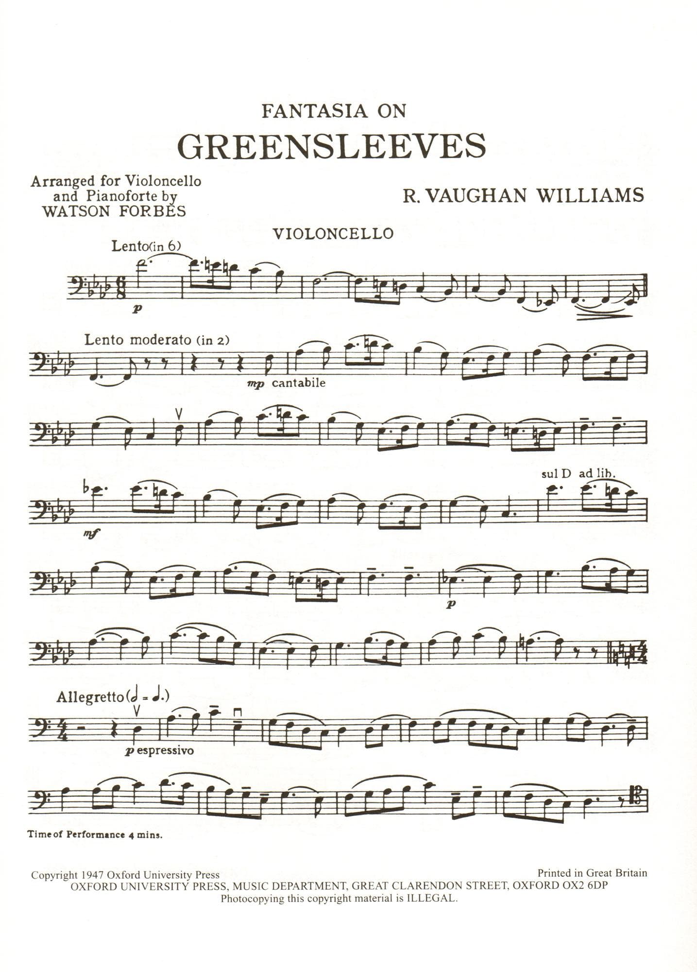 Vaughan Williams, Ralph - Fantasia On Greensleeves For Viola or Cello and Piano Published by Oxford University Press