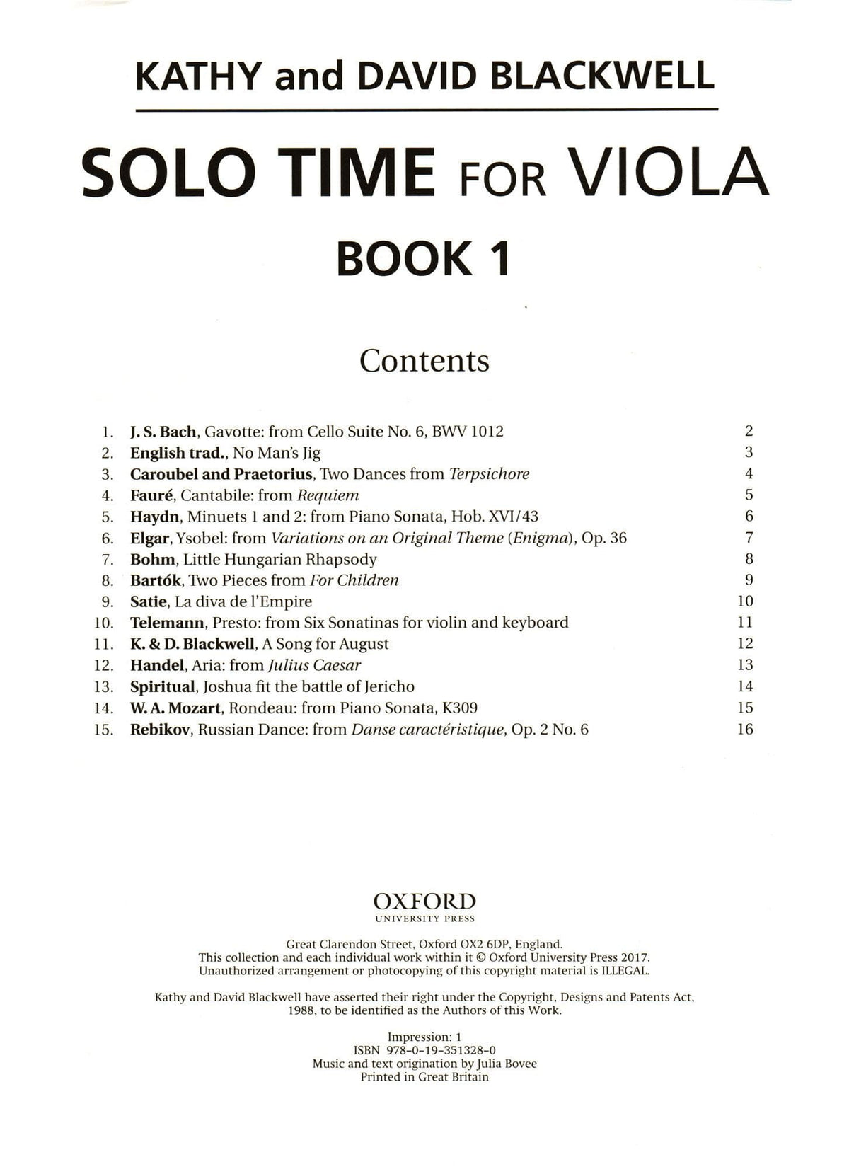 Solo Time for Viola - by Kathy and David Blackwell - Book 1 - for Viola and Piano - Oxford University Press