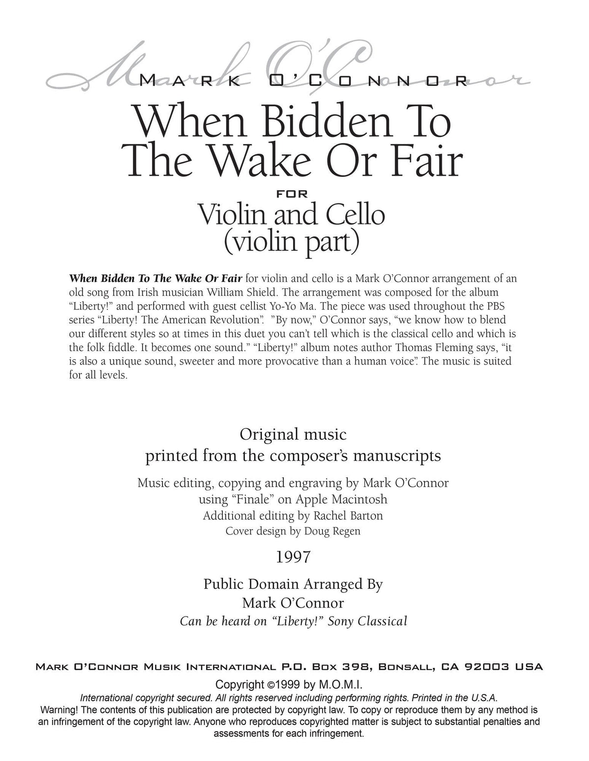 O'Connor, Mark - When Bidden To The Wake Or Fair for Violin and Cello - Violin - Digital Download