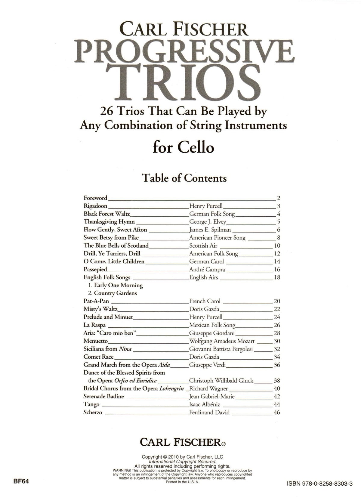 Progressive Trios for Cello - 26 Trios for Any Combination of Stringed Instruments - Arranged by Doris Gazda - Carl Fischer Publication