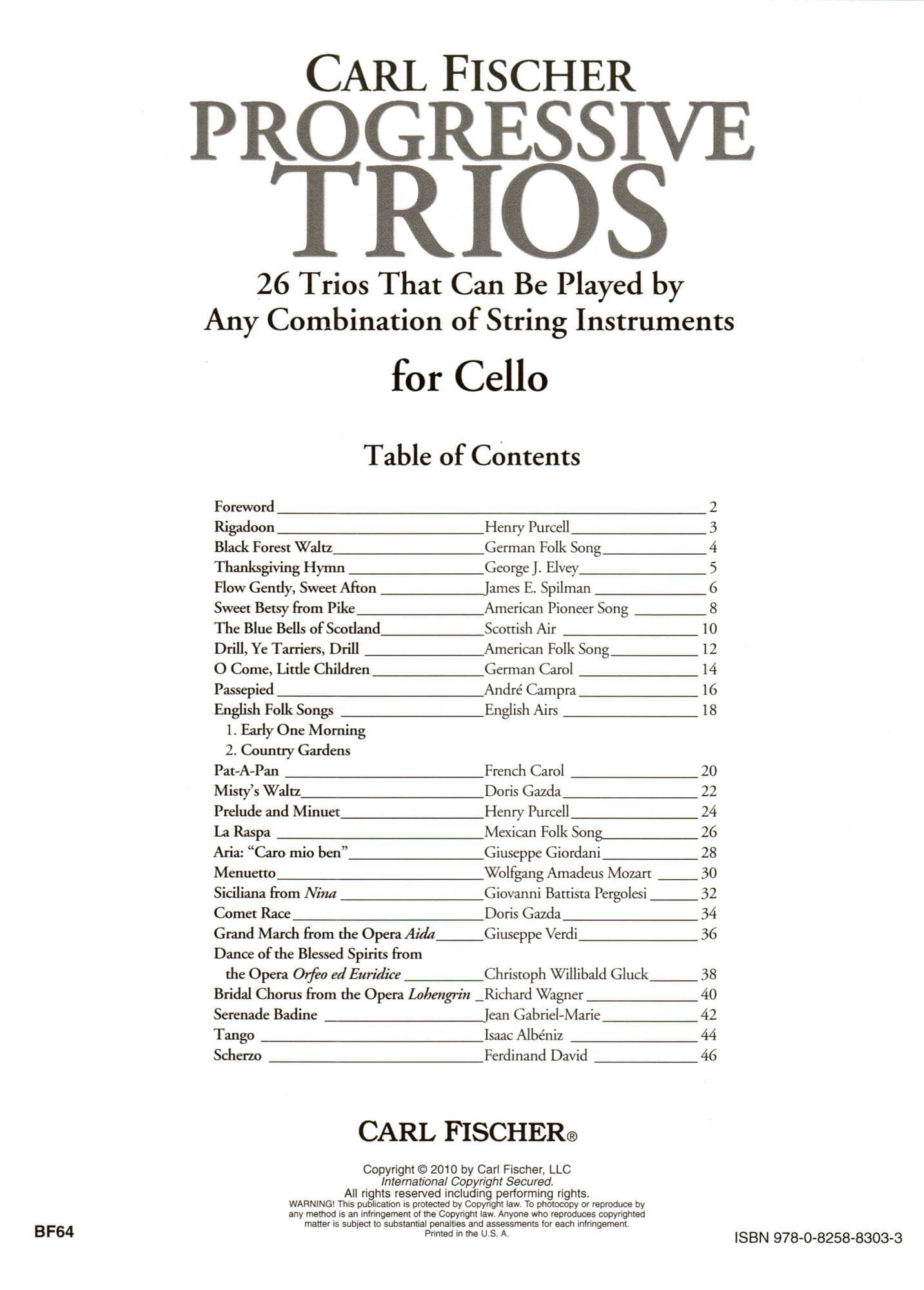 Progressive Trios for Cello - 26 Trios for Any Combination of Stringed Instruments - Arranged by Doris Gazda - Carl Fischer Publication