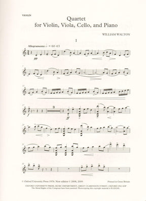 Walton, William - Quartet for Violin, Viola, Cello, and Piano - edited by Hugh MacDonald - Oxford University Press