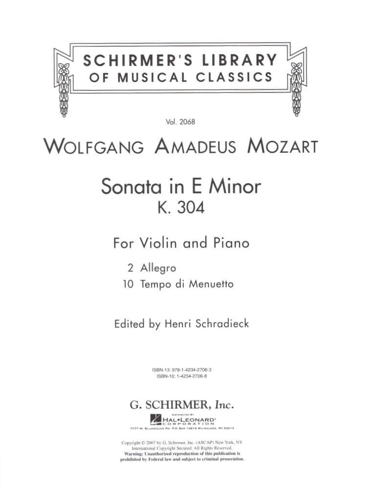 Mozart, WA - Sonata in E Minor, K 304 - Violin and Piano - edited by Schradieck - Schirmer