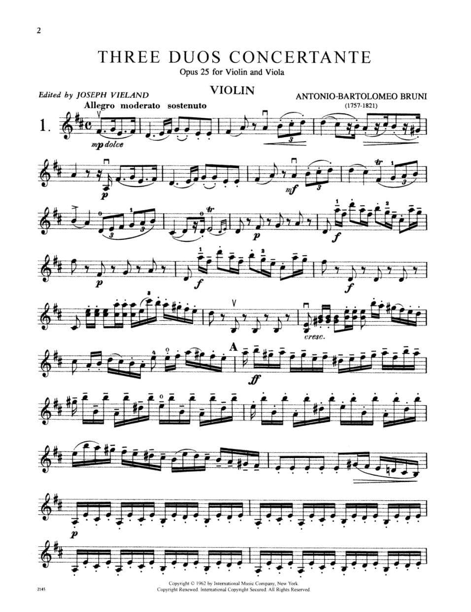 Bruni, A - 3 Duos Concertants Op 25 for Violin and Viola - Arranged by Vieland - International Edition