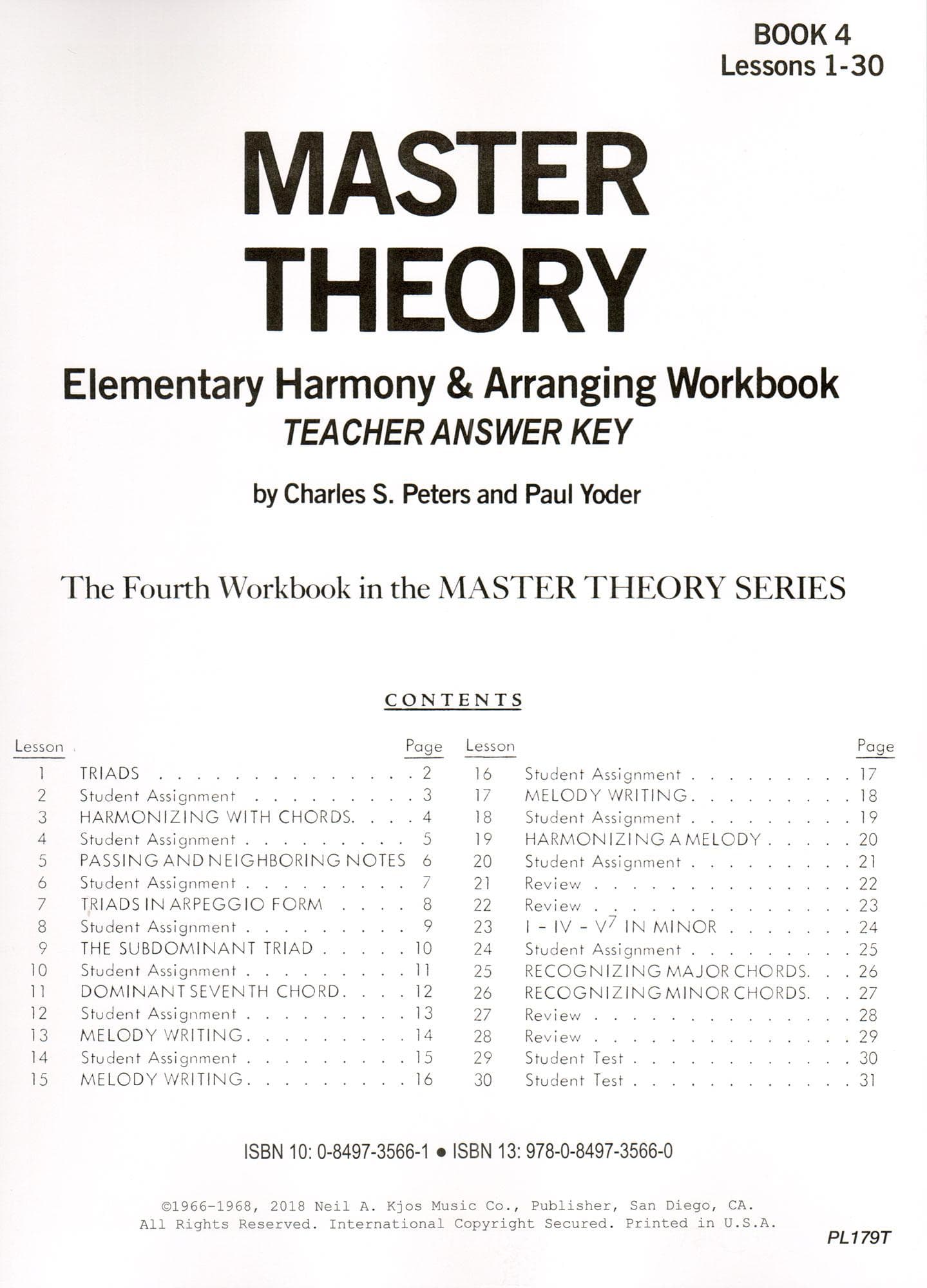 Master Theory Book 2: Teacher Answer Key By Charles Peters and Paul Yoder Published by Neil A Kjos Music Company