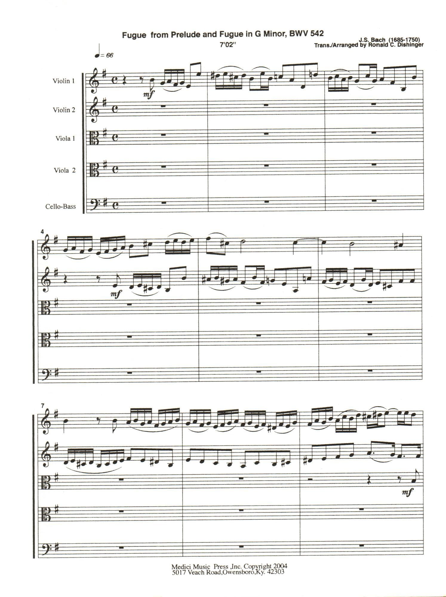 Bach, J.S. - Fugue and Prelude and Fugue (BWV 542) - for String Quintet - arranged by Dishinger - Medici Music Press