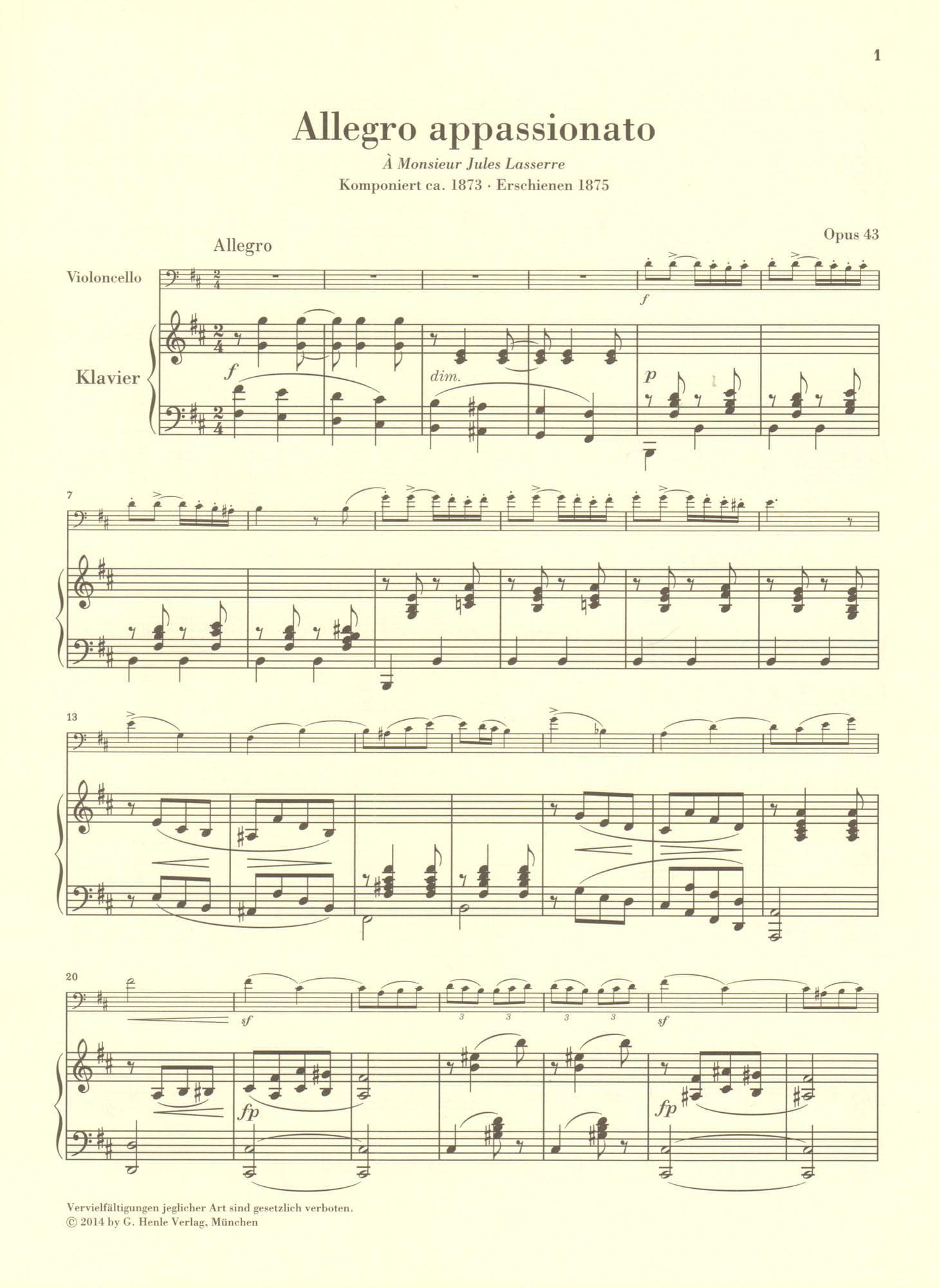 Saint-Saëns, Camille - Allegro Appassionato, Opus 43 - for Cello and Piano - edited by Jost and Geringas - G. Henle Verlag URTEXT