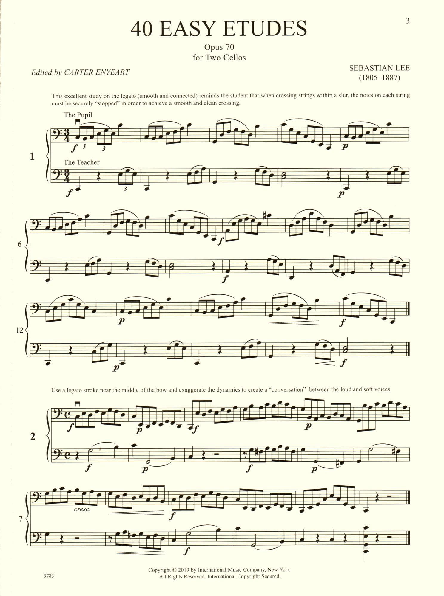 Lee, Sebastian - 40 Easy Etudes, Op 70 - for 2 Cellos - edited by Carter Enyeart - International Music Co