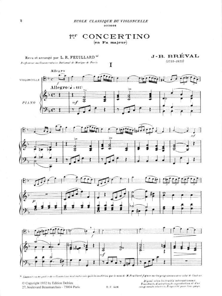 Breval, Jean Baptiste - Concertino No 1 in F Major Op 20 for Cello and Piano - Arranged by Feuillard - Delrieu Edition