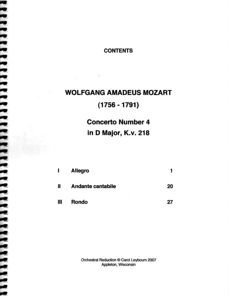 Mozart, WA - Violin Concerto No 4 in D Major, K 218 - PIANO ACCOMPANIMENT ONLY - arranged by Carol Leybourn - Frustrated Accompanist Edition