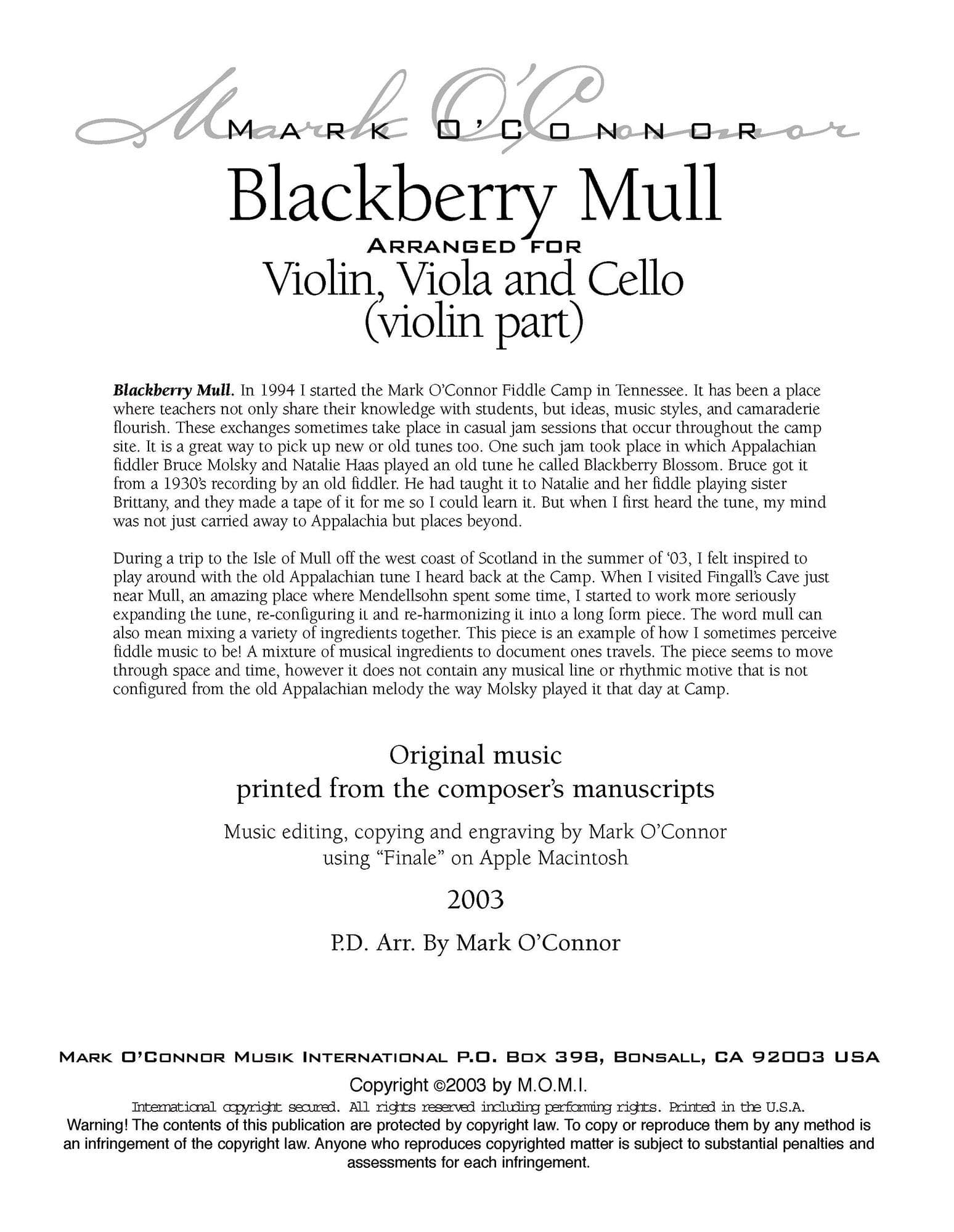 O'Connor, Mark - Blackberry Mull for Violin, Viola, and Cello - Violin - Digital Download