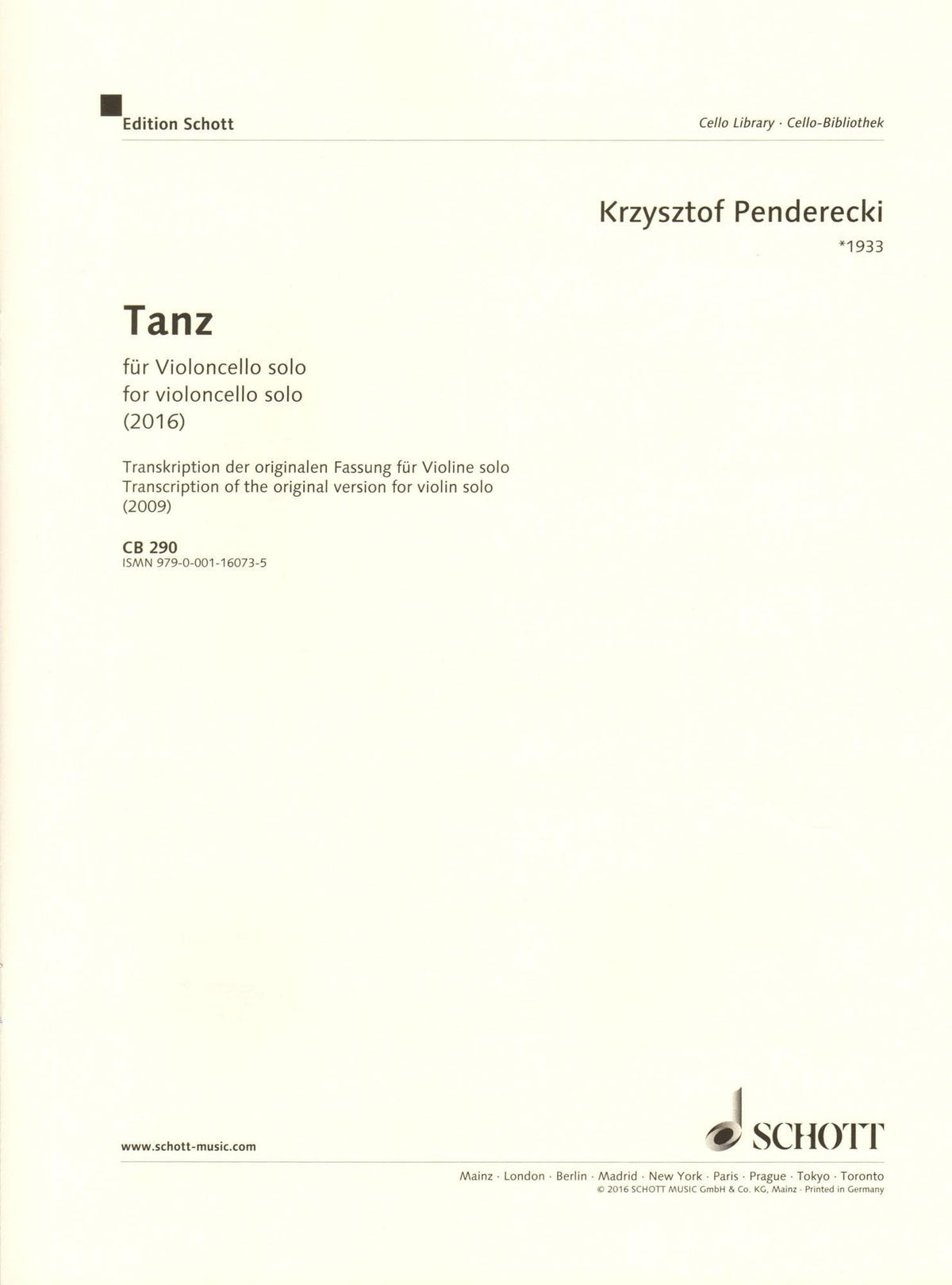 Penderecki, Krzysztof - Tanz - transcription for Solo Cello - Edition Schott