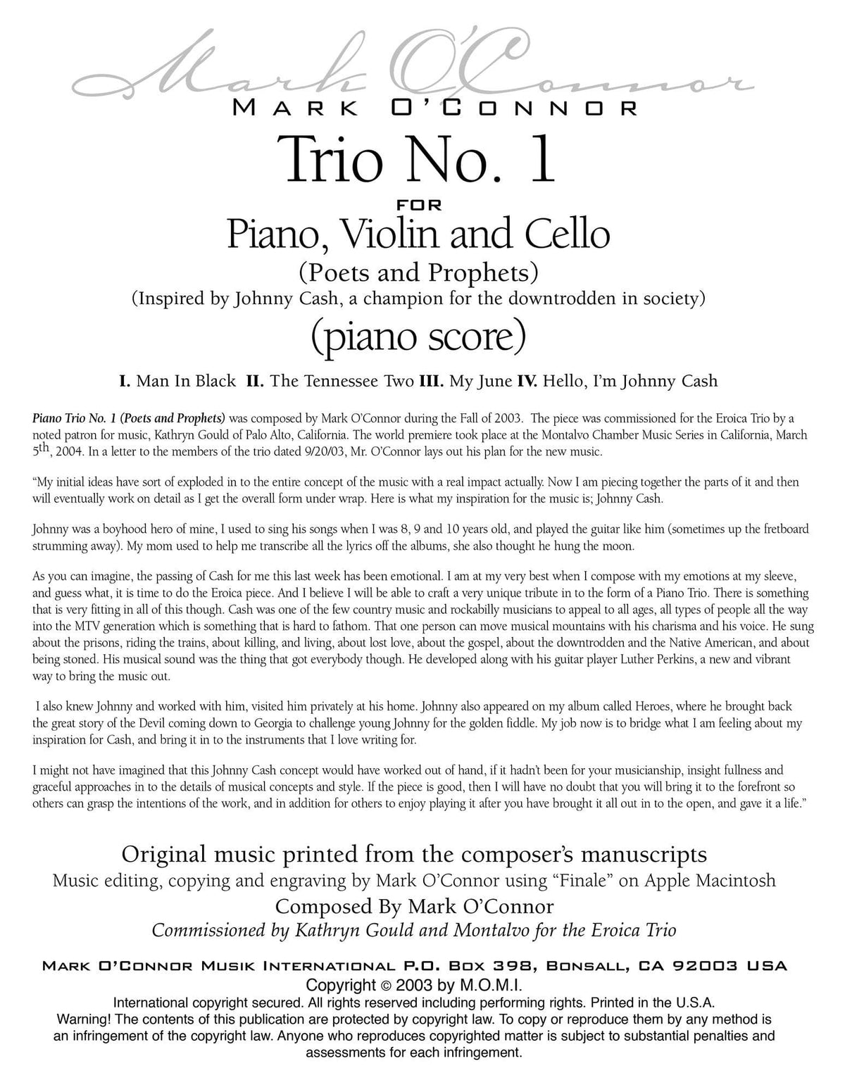 O'Connor, Mark - Trio No. 1 (Poets and Prophets) for Piano, Violin and Cello - Piano - Digital Download