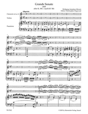 Mozart, WA - Grande Sonate in A Major after K 581 - Clarinet (or Violin) and Piano - edited by Christopher Hogwood - Bärenreiter Verlag