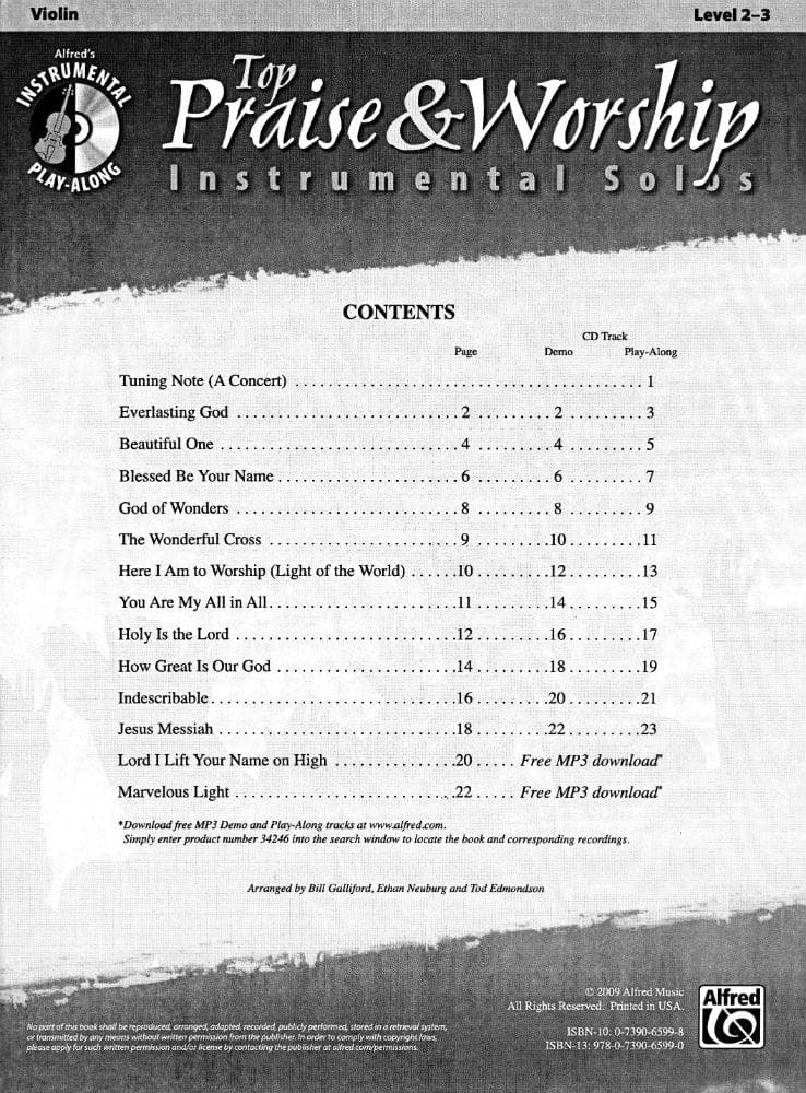 Top Praise & Worship Instrumental Solos - Violin and Piano - Book/CD set - Alfred Music Publishing