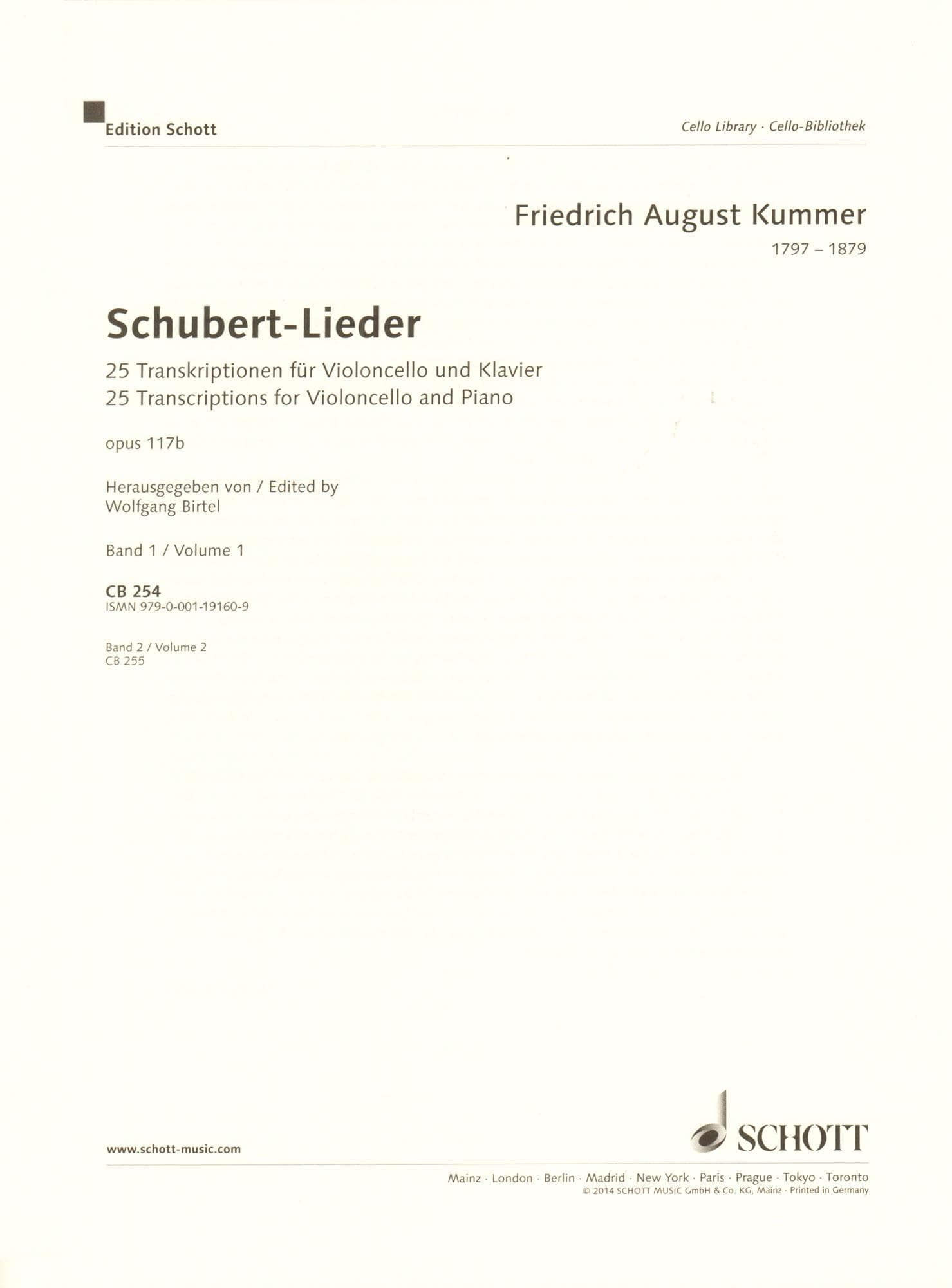 Schubert-Lieder - 25 Songs by Franz Schubert - Vol. 1 - transcribed by Friedrich Kummer (opus 117b) - for Cello and Piano - Schott