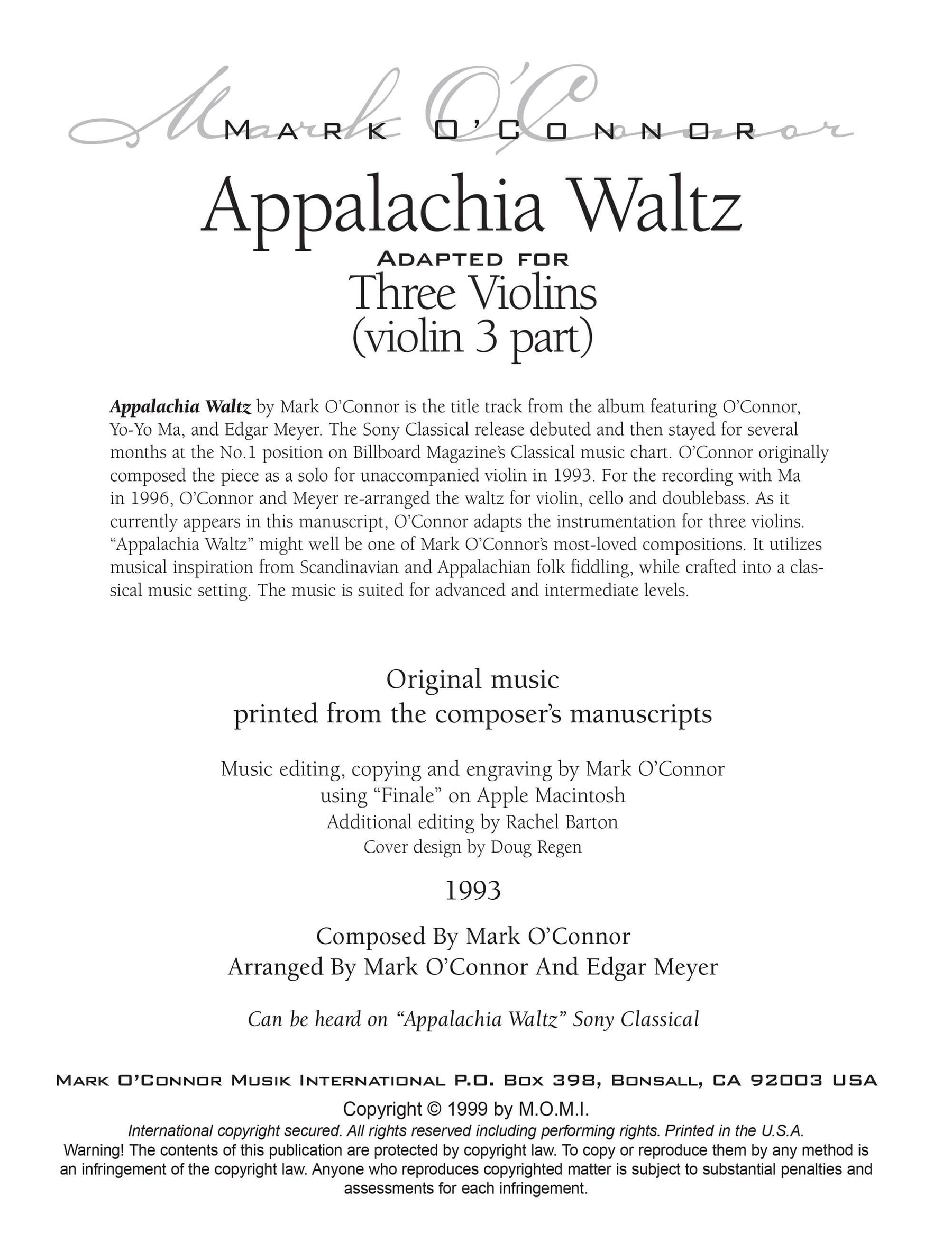 O'Connor, Mark - Appalachia Waltz for 3 Violins - Violin 3 - Digital Download