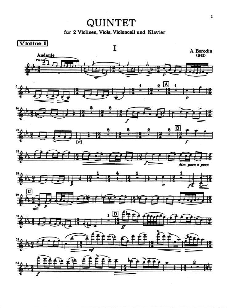 Borodin, Alexander - Piano Quintet in c minor (1862) for Two Violins, Viola, Cello and Piano - Kalmus Publication