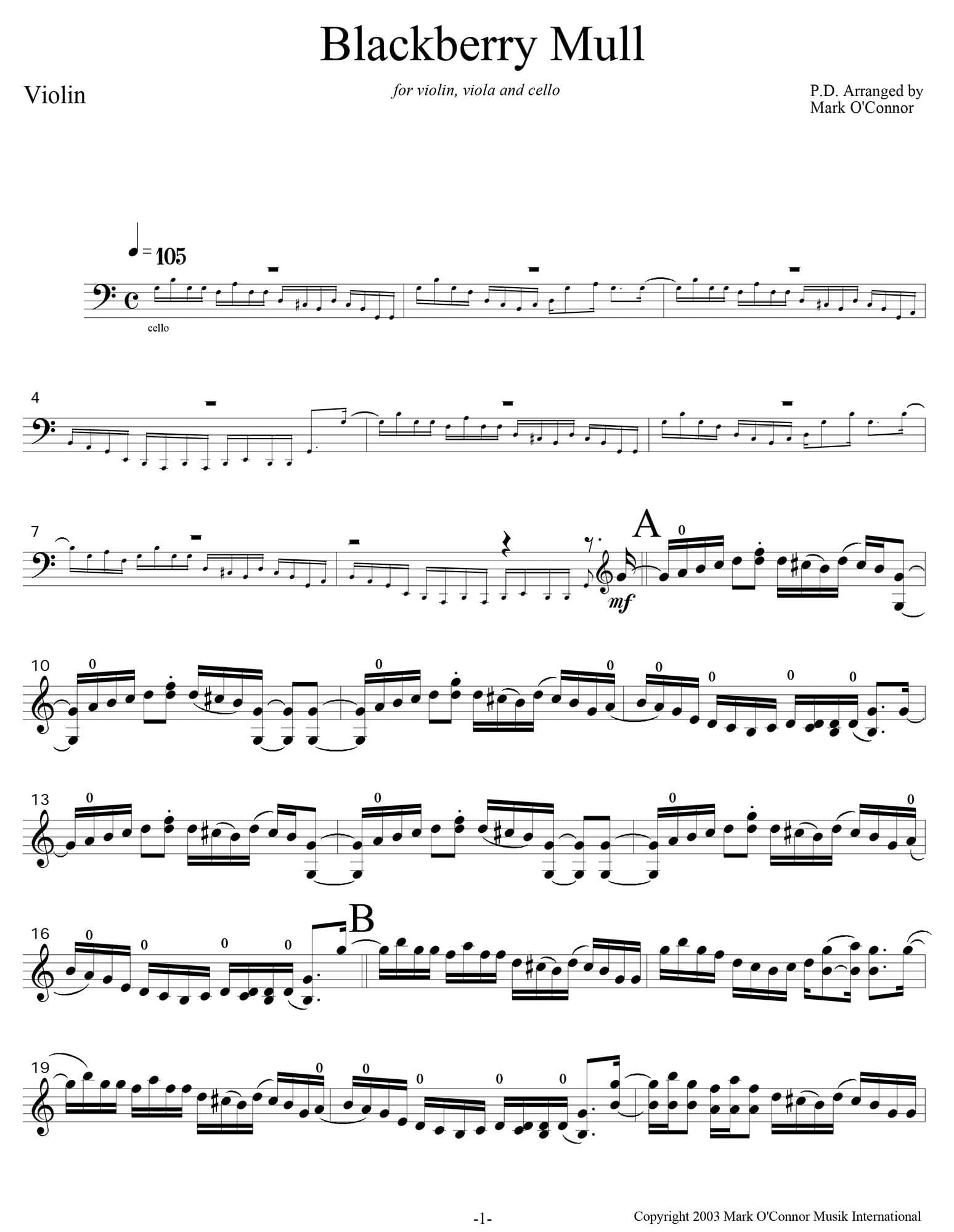 O'Connor, Mark - Blackberry Mull for Violin, Viola, and Cello - Violin - Digital Download