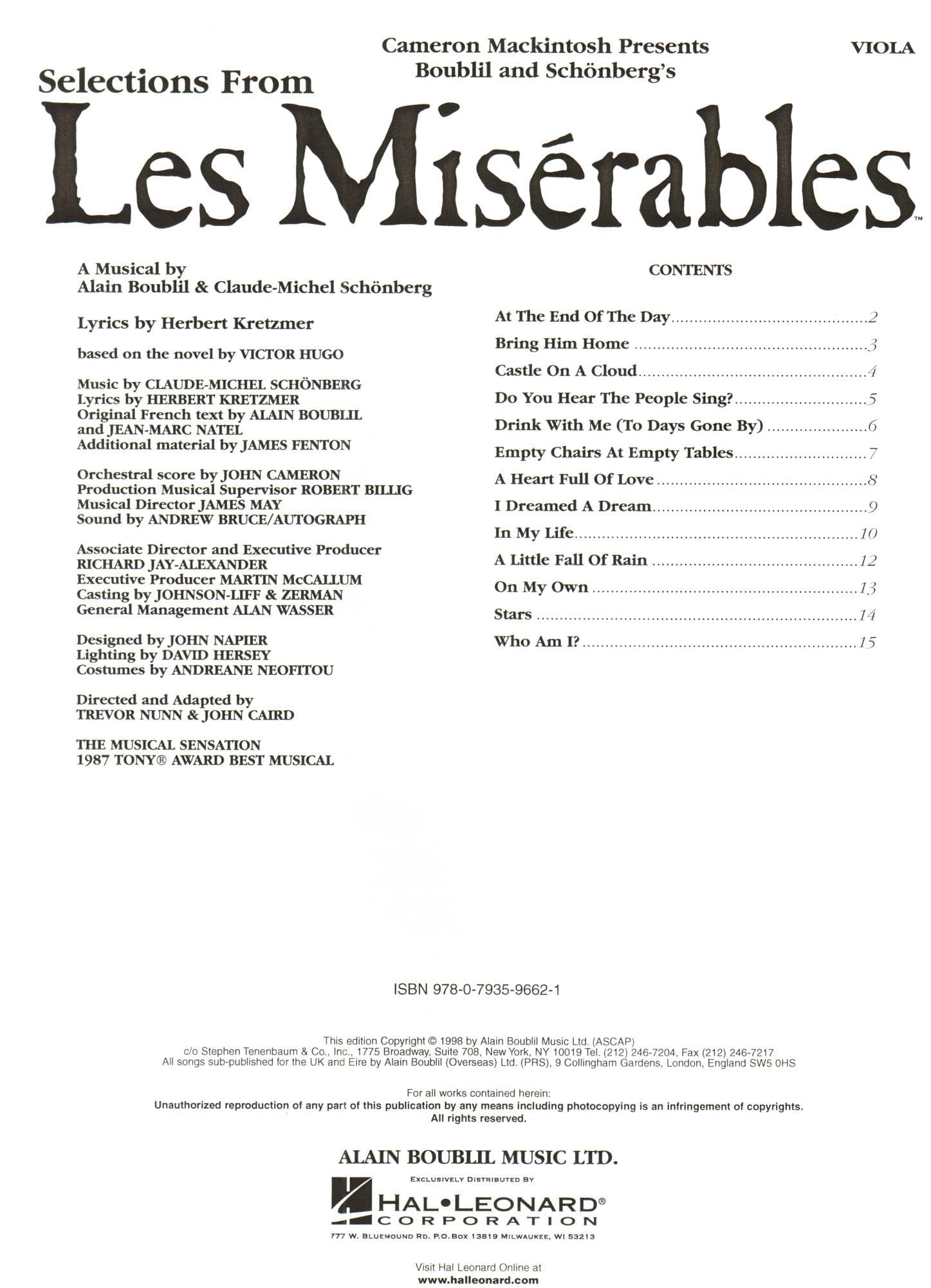 Boublil/Schönberg - Selections from "Les Misérables" - Viola - arranged by Cameron Mackintosh - Hal Leonard Edition