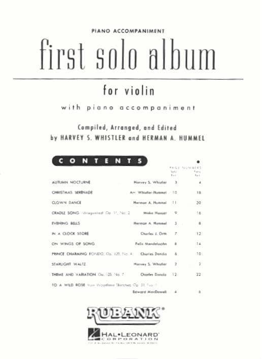 First Solo Album for Violin - Violin and Piano - arranged and edited by Harvey Whistler - Rubank