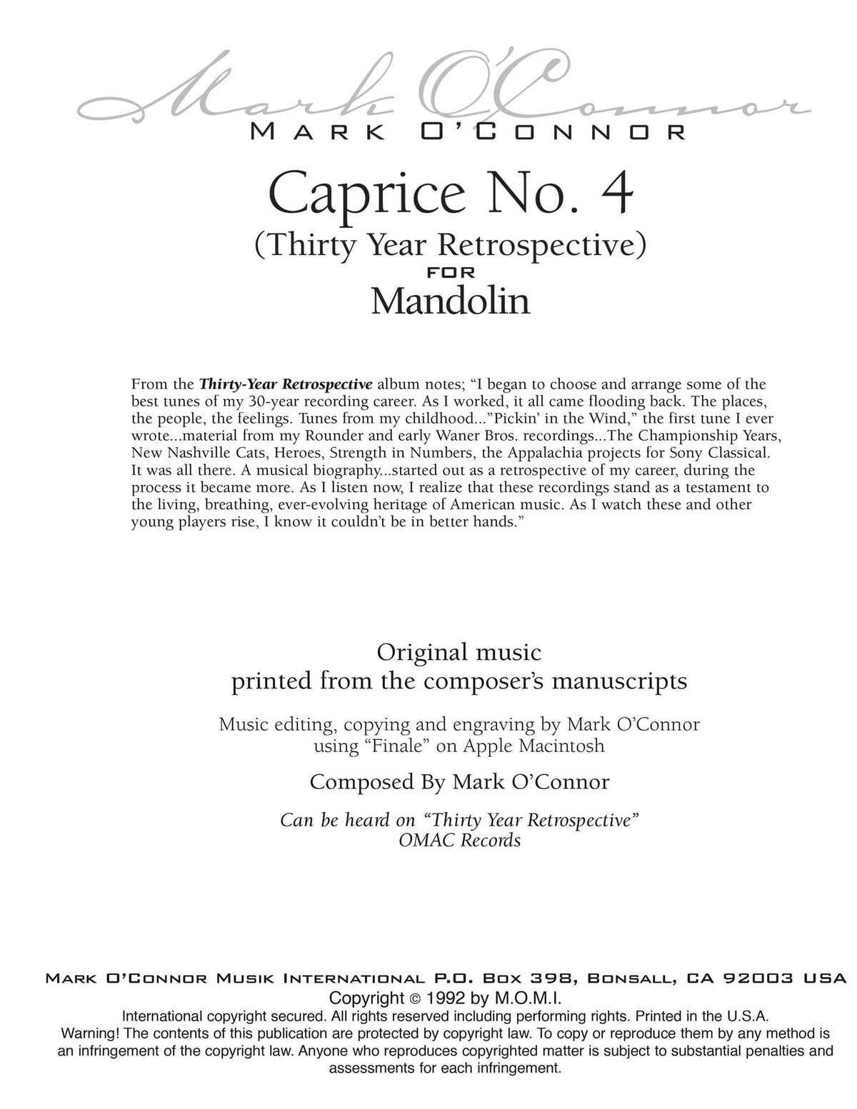 O'Connor, Mark - Caprice No. 4 for Mandolin - Digital Download