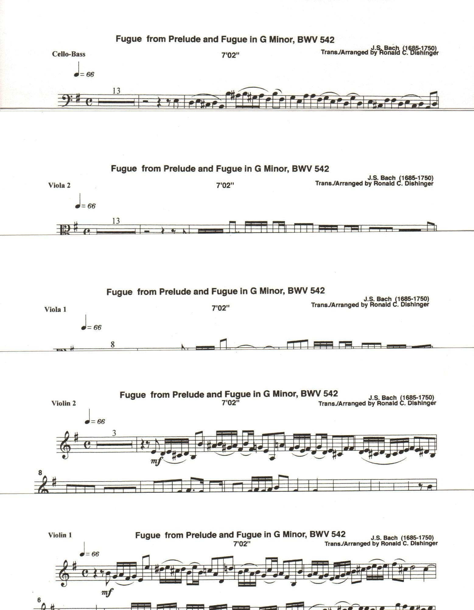 Bach, J.S. - Fugue and Prelude and Fugue (BWV 542) - for String Quintet - arranged by Dishinger - Medici Music Press