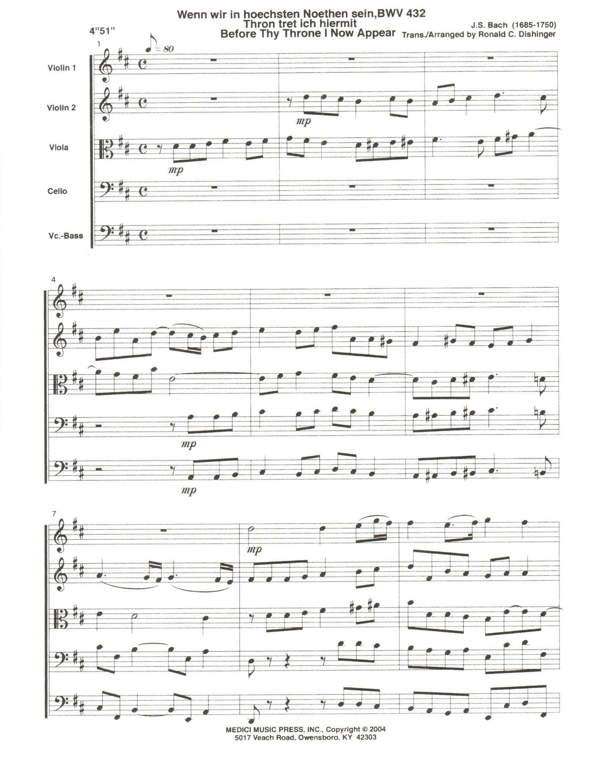 Bach, J.S. - Before Thy Throne I Now Appear, BWV 432 - for String Quintet or String Orchestra - arranged by Dishinger - Medici Music Press