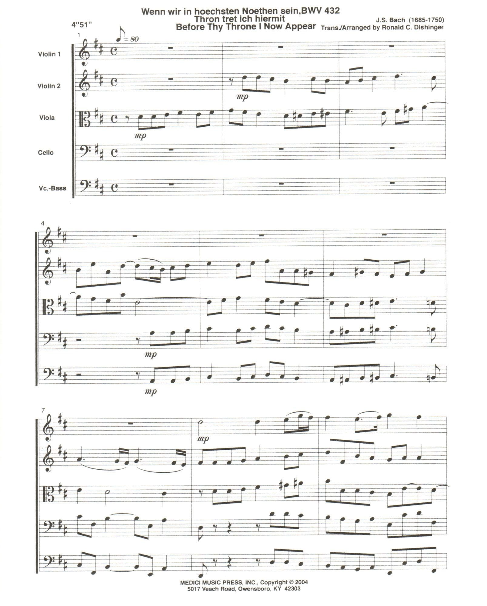 Bach, J.S. - Before Thy Throne I Now Appear, BWV 432 - for String Quintet or String Orchestra - arranged by Dishinger - Medici Music Press