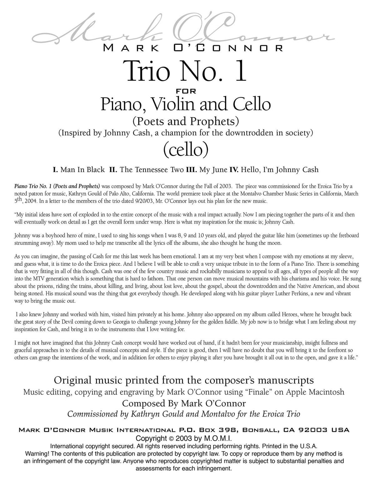 O'Connor, Mark - Trio No. 1 (Poets and Prophets) for Piano, Violin and Cello - Cello - Digital Download