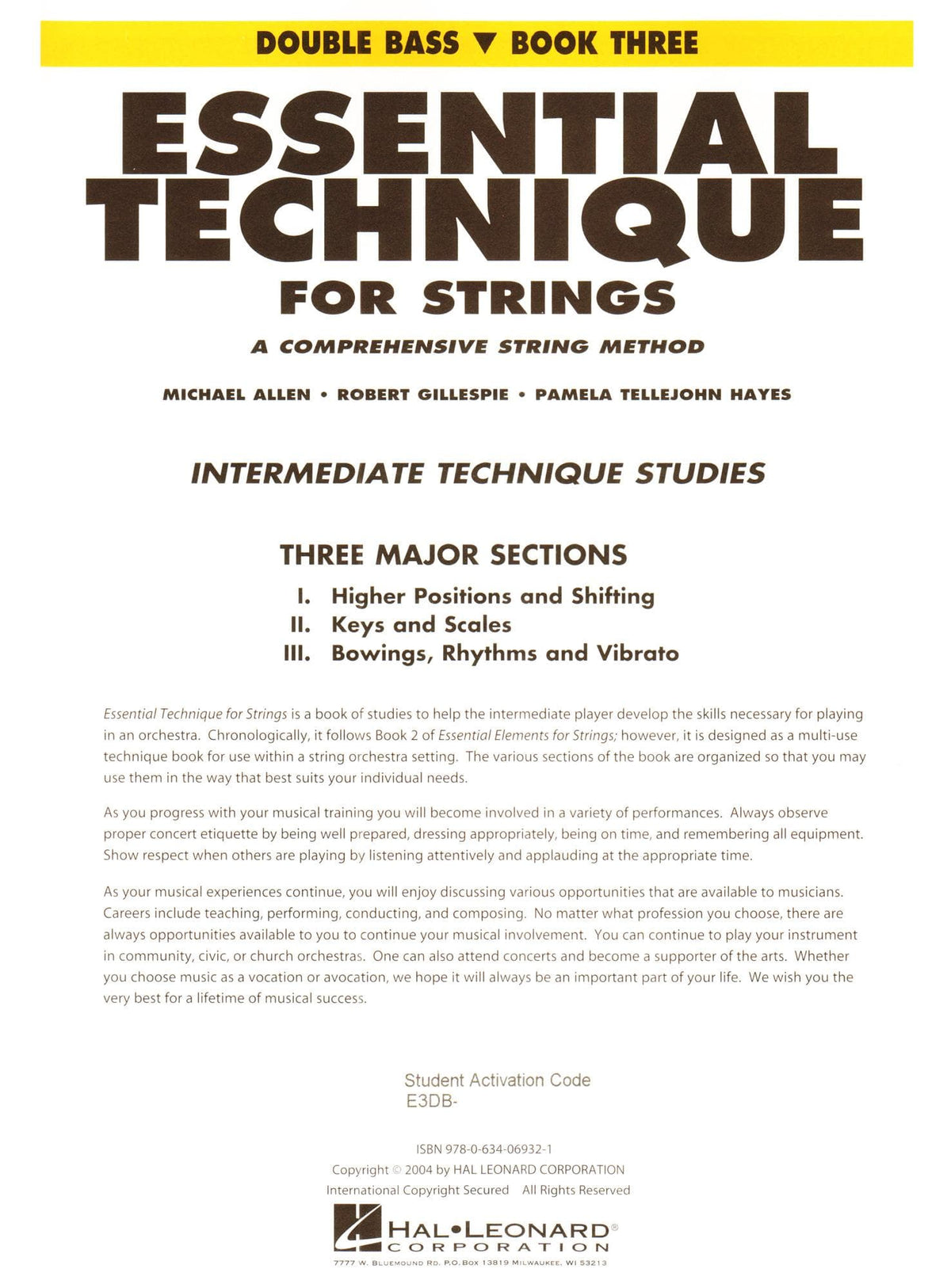 Essential Technique Interactive (formerly 2000) for Strings - Double Bass Book 3 - by Allen/Gillespie/Hayes - Hal Leonard Publication