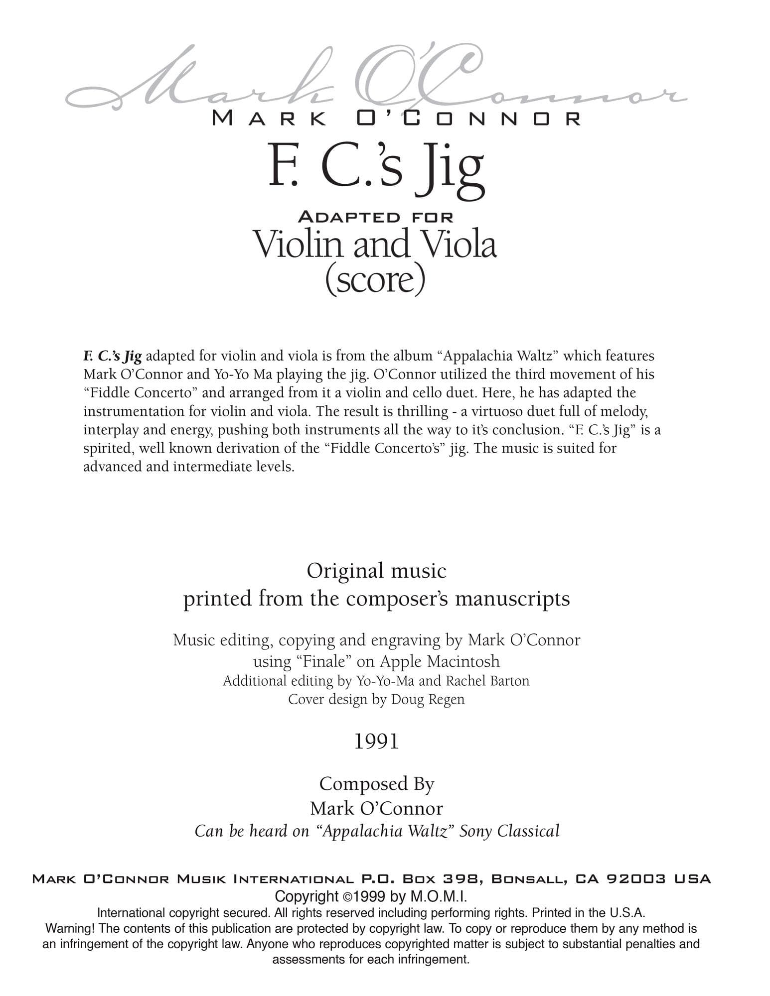 O'Connor, Mark - F.C.'s Jig for Violin and Viola - Score - Digital Download