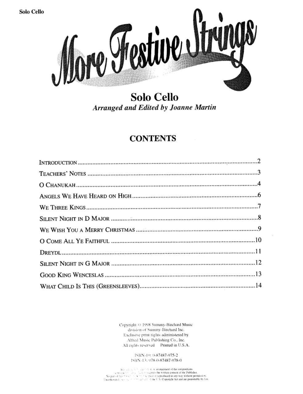 Martin, Joanne - More Festive Strings for Solo Cello - Alfred Music Publishing